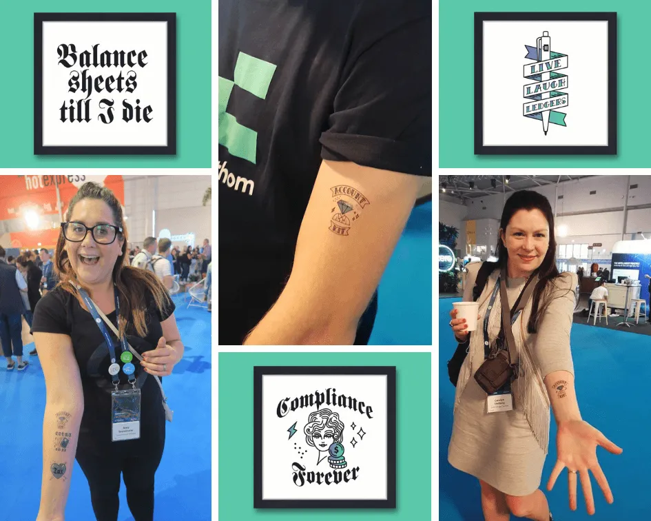 Accounting-pun tattoo designs such as Balance sheets till I die and Live laugh ledgers, and Xerocon visitors showing their temporary tattoos